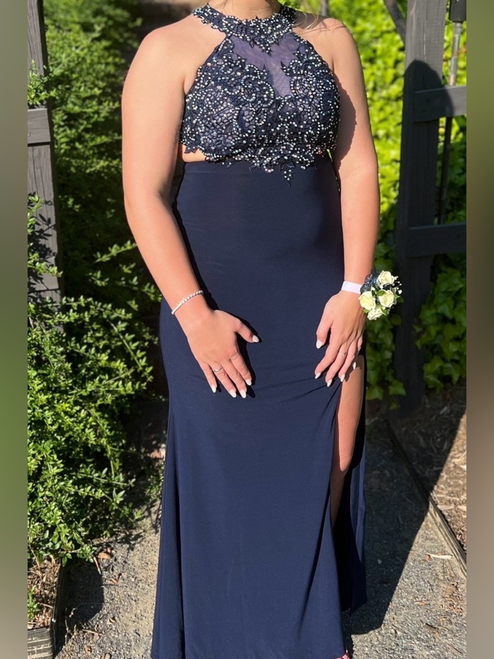 Cachet Beaded/Lace Halter Prom Gown in Navy Blue, Size 4